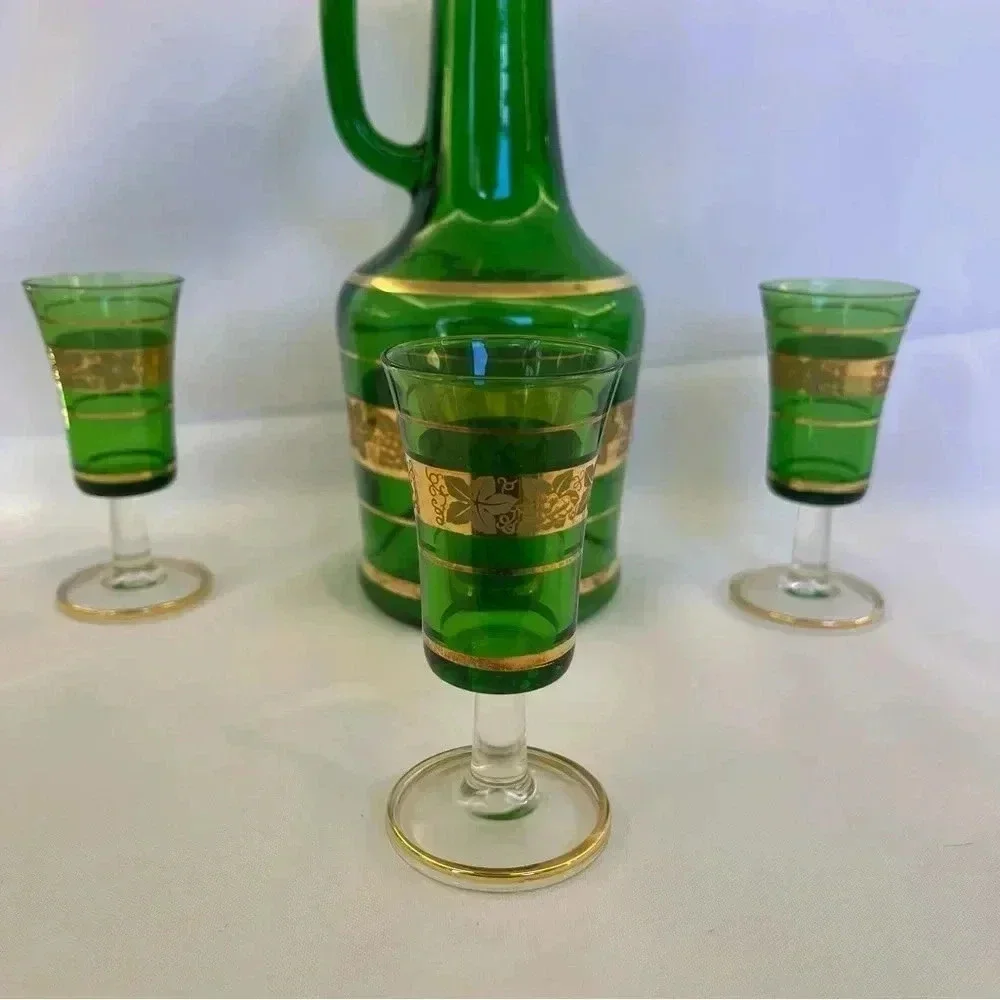 Vintage Green Glass Decanter and 3 Cups
